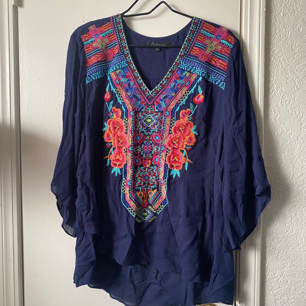 Calessa Navy Blue Embroidered V-Neck Tunic Blouse Bell Sleeve Rayon Top Large - Picture 2 of 7